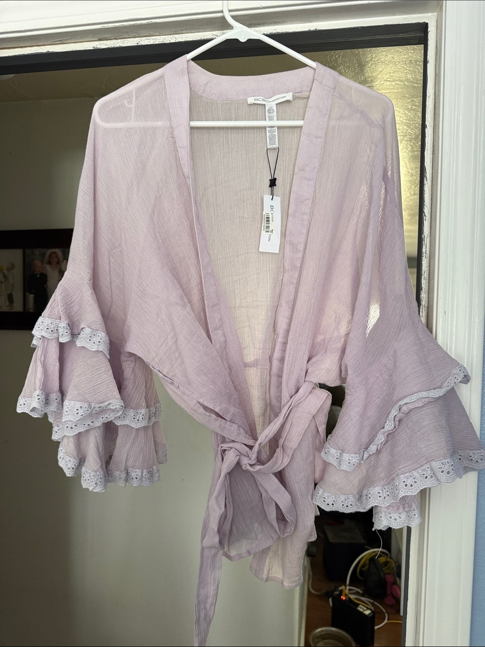 BCBGeneration Lavender Sheer Tie-Front Shawl with Ruffled Lace Sleeves